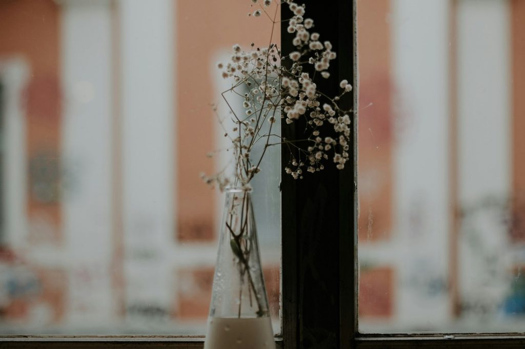 Schleierkraut in einer kleinen Glasvase auf einem Fensterbrett